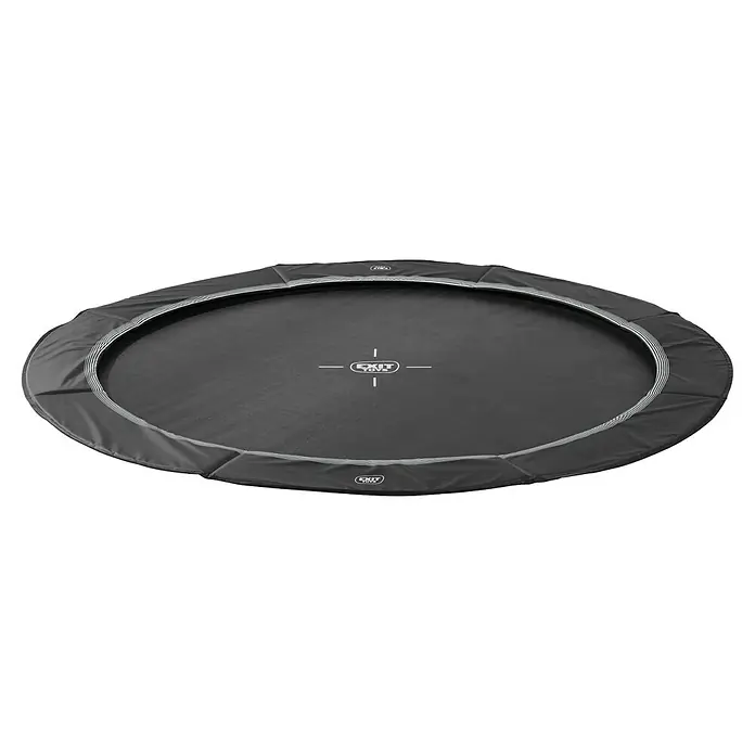 Exit Toys Trampolin Interra Sports - Durchmesser: 244 cm, Ebenerdig, Schwarz - Dunkelgraues EXIT TOYS ovales Trampolintuch mit grauer Schutzpolsterung und weißen Streifen.