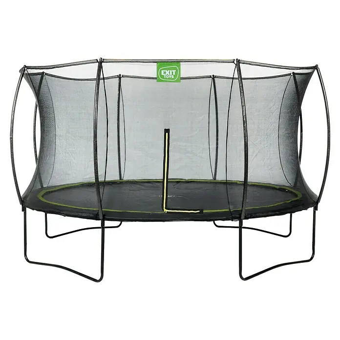 Exit Toys Trampolin Silhouette - Durchmesser: 366 cm, Schwarz - Ein schwarzes Trampolin mit Sicherheitsnetz, grünem Sprungmattentrim und gelbem Reißverschluss.