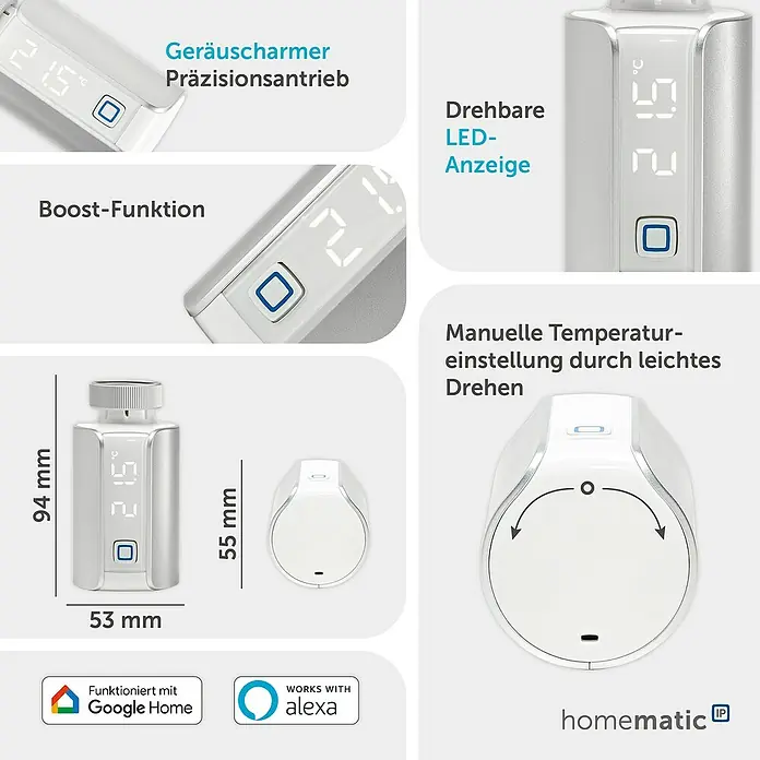 Homematic IP Heizkörper-Thermostat Evo HmIP-eTRV-E-S - Ventilanschluss: M30 x 1,5 mm, Batteriebetrieben, 94 x 53 x 55 mm, Silber - Ein silber-weißer smarter Heizkörperthermostat mit LED-Anzeige (21,5°C) zur manuellen und präzisen Temperaturregelung.