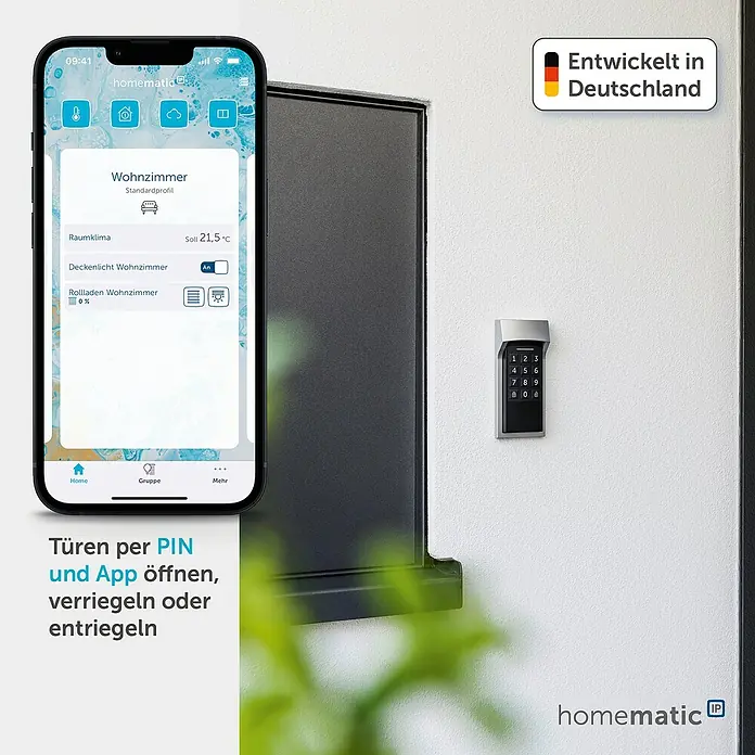 Homematic IP Tastenfeld Keypad HmIP-WKP - Batteriebetrieben - Smart Home System mit Tastatur und App zur Türsteuerung. Ermöglicht PIN-Eingabe und App-Zugang zum Verriegeln, Entriegeln oder Öffnen von Türen.