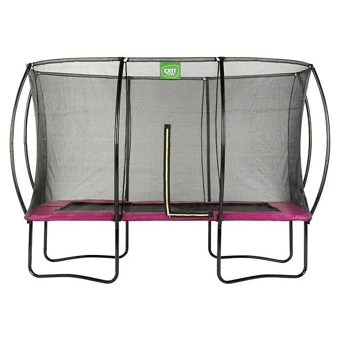 Exit Toys Trampolin Silhouette - L x B x H: 366 x 244 x 274 cm, Rosa - Rechteckiges Trampolin mit violetter Polsterung, schwarzem Sicherheitsnetz und Stangen, grünem 'EXIT TOYS'-Logo und gelbem Reißverschluss.