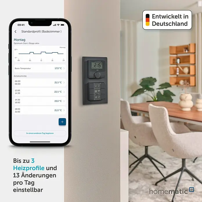 Homematic IP Funk-Raumthermostat mit Luftfeuchtigkeitssensor HmIP-WTH-A - Anthrazit, Batteriebetrieben, 86 x 86 x 23,5 mm - Smartphone-App verwaltet Homematic Smart Home Heizprofile mit Wandthermostat und Bedienfeld.