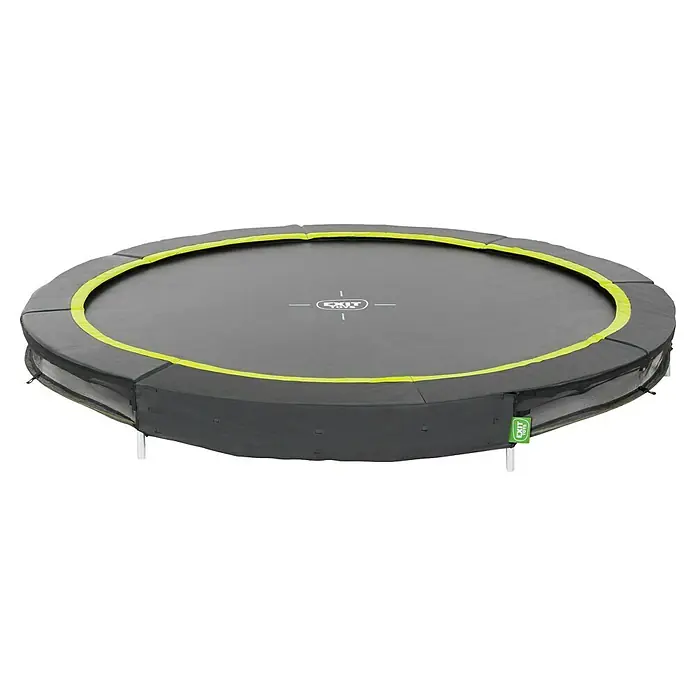 Exit Toys Trampolin Silhouette Sports - Durchmesser: 305 cm, Schwarz - Rundes, dunkelgraues Trampolin mit leuchtend grünem Sicherheitsrand, schwarzer Netzumrandung und weißem EXIT TOYS Logo.