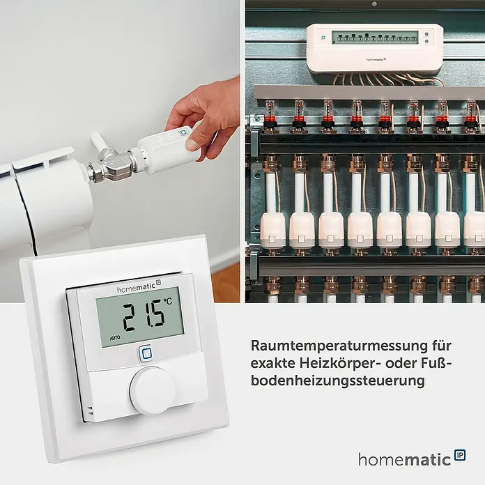 Homematic IP Funk-Raumthermostat mit Luftfeuchtigkeitssensor HmIP-WTH-1 - Weiß, Batteriebetrieben, 86 x 86 x 23,5 mm - Homematic IP Smart-Heizungssteuerung: Heizkörperthermostat, Raumthermostat (21.5°C) und Verteilersteuerung für präzise Temperaturregelung.