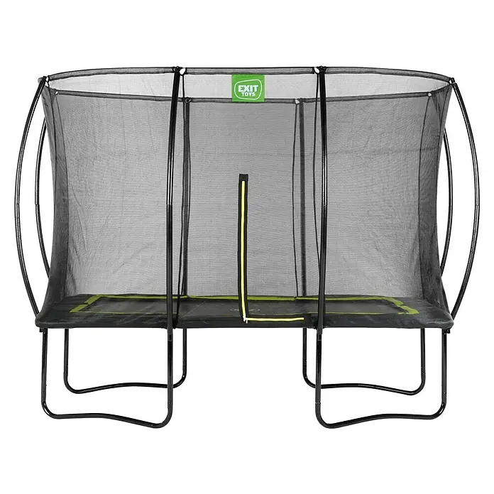 Exit Toys Trampolin Silhouette - L x B x H: 305 x 214 x 262 cm, Schwarz - Rechteckiges Trampolin mit schwarzem Rahmen und Netz-Sicherheitsumrandung, grünen Akzenten auf Sprungmatte und Reißverschluss.