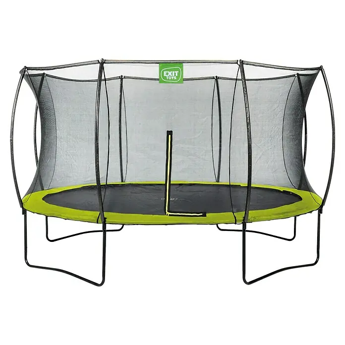 Exit Toys Trampolin Silhouette - Durchmesser: 366 cm, Grün - Schwarzes Trampolin mit lindgrünem Sicherheitspolster und schwarzem Sicherheitsnetz, mit grünem EXIT TOYS Logo.