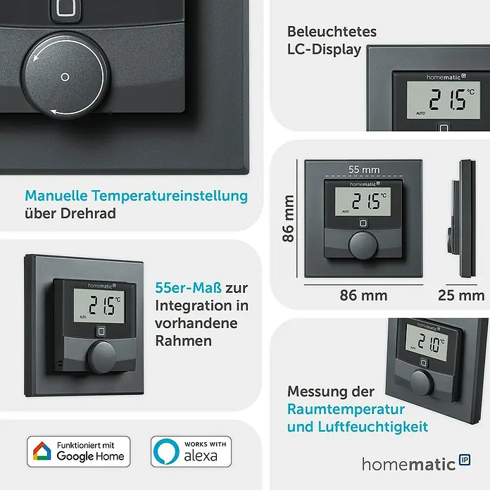 Homematic IP Funk-Raumthermostat mit Luftfeuchtigkeitssensor HmIP-WTH-A - Anthrazit, Batteriebetrieben, 86 x 86 x 23,5 mm - Dunkelgrauer Smart-Thermostat mit beleuchtetem LC-Display und Drehregler zur Temperatureinstellung, misst Raumtemperatur und Luftfeuchtigkeit.