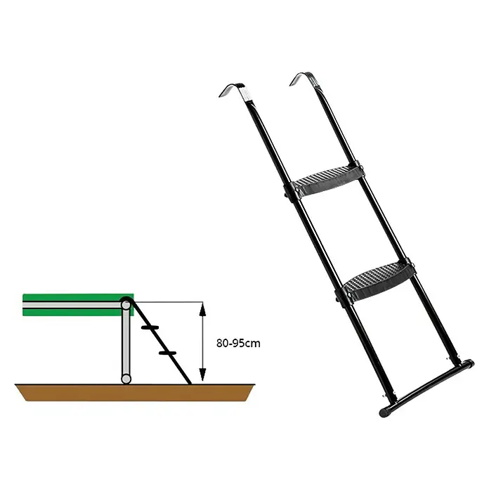 Exit Toys Trampolin-Leiter - Stahl, Schwarz, Passend für: Rahmenhöhe 80 - 95 cm - Schwarze Metallleiter mit zwei Antirutsch-Stufen und oberen Haken zur Befestigung an einer Plattform. Diagramm zeigt Höhenverstellung 80-95cm.