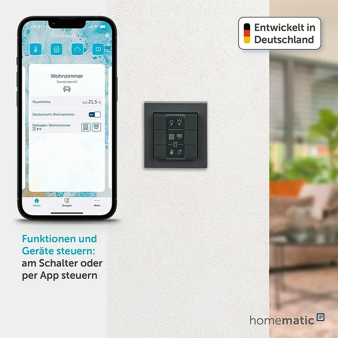 Homematic IP Funk-Wandtaster HmIP-WRC6-A - Batteriebetrieben, Anthrazit, 22 x 86 x 86 mm - Homematic IP schwarzer Smart Home Wandschalter und Smartphone-App zur Steuerung von Funktionen.
