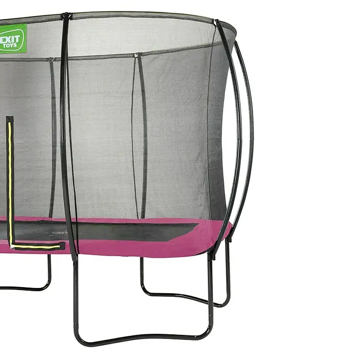 Exit Toys Trampolin Silhouette - L x B x H: 366 x 244 x 274 cm, Rosa - Schwarz umrandetes Trampolin mit schwarzem Sicherheitsnetz und magentafarbener Polsterung. Grünes EXIT TOYS Logo.