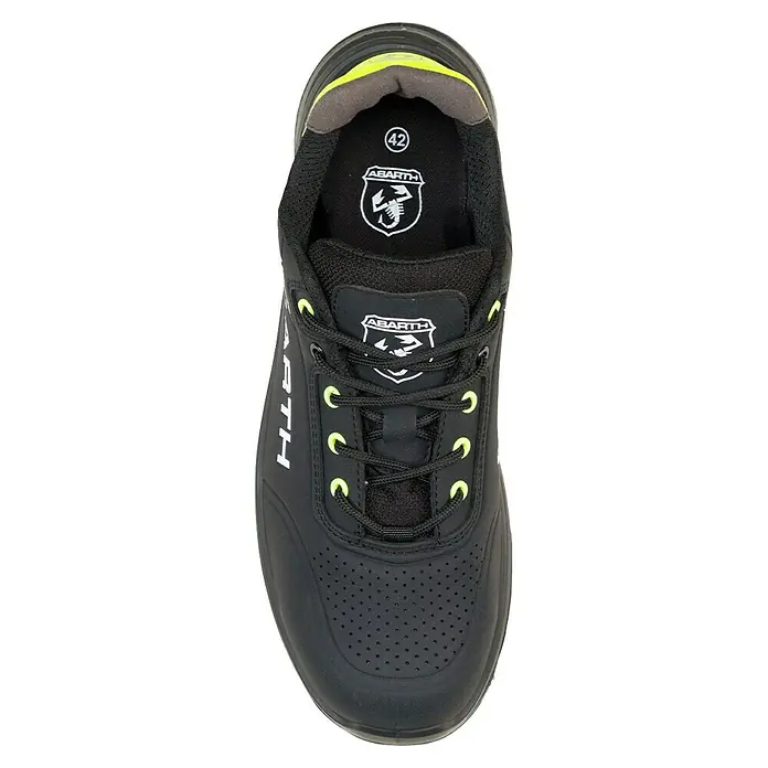 Abarth Zapato bajo de seguridad Thunder - 40, Clase de protección según EN ISO 20345: S3, Negro/Amarillo - Zapato de trabajo Abarth negro, talla 42, con detalles amarillos y puntera perforada, vista superior.