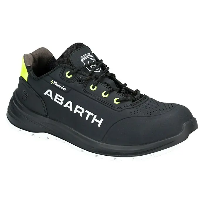 Abarth Zapato bajo de seguridad Thunder - 40, Clase de protección según EN ISO 20345: S3, Negro/Amarillo - Calzado de seguridad ABARTH negro con ojales verdes brillantes, suela blanca y puntera perforada.