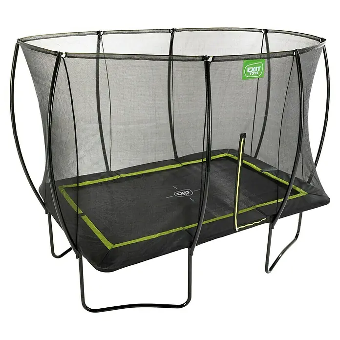 Exit Toys Trampolin Silhouette - L x B x H: 305 x 214 x 262 cm, Schwarz - Rechteckiges Trampolin mit schwarzer Sprungmatte und Sicherheitsnetz, grünen Akzenten und schwarzem Rahmen.
