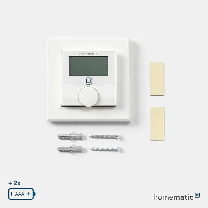 Homematic IP Funk-Raumthermostat mit Luftfeuchtigkeitssensor HmIP-WTH-1 - Weiß, Batteriebetrieben, 86 x 86 x 23,5 mm - Weißes Homematic IP Raumthermostat mit Display und Drehknopf, dazu Schrauben, Dübel, Klebestreifen und Batteriesymbol (2x AAA).