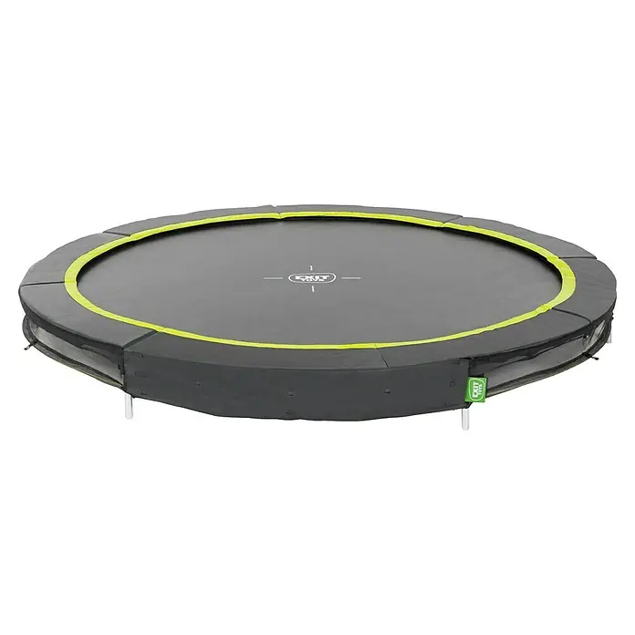 Exit Toys Trampolin Silhouette Sports - Durchmesser: 244 cm, Schwarz - Rundes Bodentrampolin mit dunkelgrauer Sprungmatte, grauem Polsterrand mit limettengrünem Akzent und schwarzem Netzseitenteil.