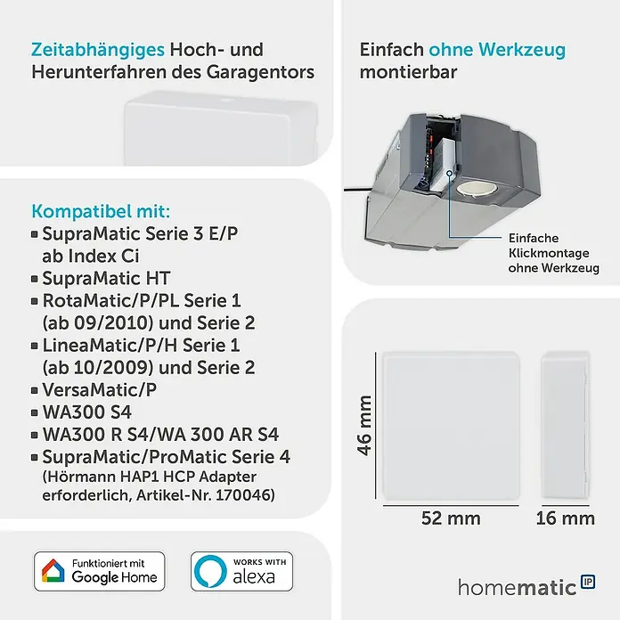Homematic IP Funk-Schaltermodul HmIP-MOD-HO - Passend für: Hörmann-Antriebe - Weißes, rechteckiges Smart Home Modul (52x46x16mm) für Garagentore, gezeigt mit einfacher Klick-Installation in einen Antrieb.