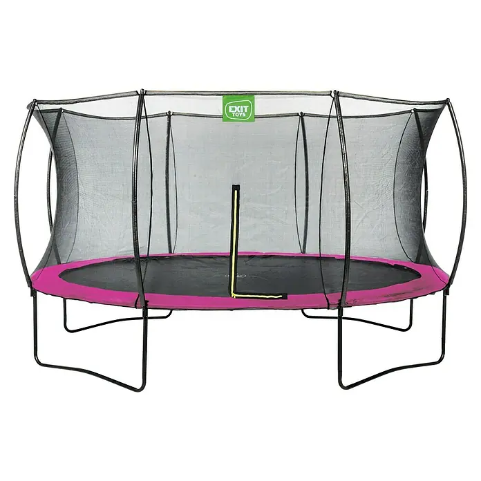 Exit Toys Trampolin Silhouette - Durchmesser: 427 cm, Rosa - Rundes Trampolin mit schwarzer Sprungmatte, pinker Randabdeckung, schwarzem Sicherheitsnetz, Metallrahmen und gelbem Reißverschluss. Grünes 'EXIT TOYS' Logo.