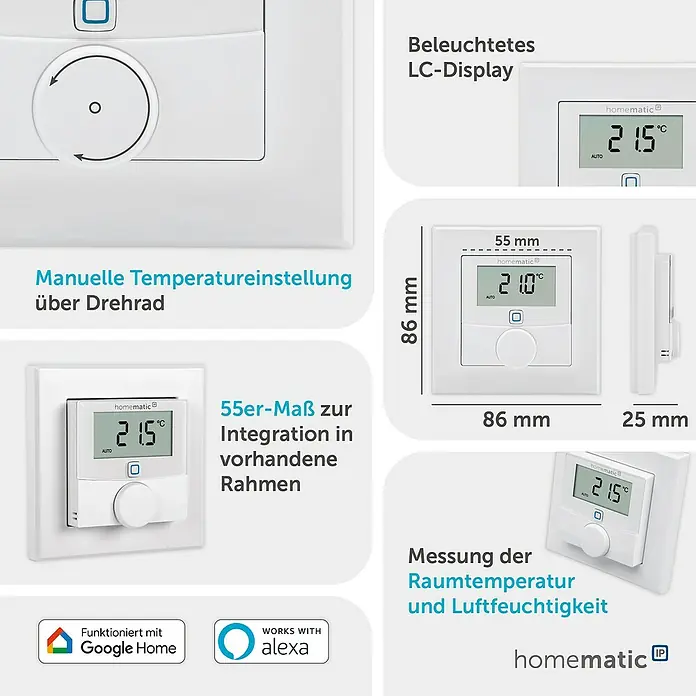 Homematic IP Funk-Raumthermostat mit Luftfeuchtigkeitssensor HmIP-WTH-1 - Weiß, Batteriebetrieben, 86 x 86 x 23,5 mm - Weißer Homematic IP Raumthermostat mit beleuchtetem LC-Display und Drehrad zur Temperatur- und Feuchtigkeitsregelung.