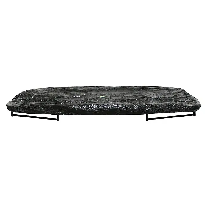 Exit Toys Trampolin-Abdeckplane - 153 x 214 cm, Schwarz - Schwarze, zerknitterte Kunststoffabdeckung auf einem rechteckigen Gartentisch mit schwarzem Metallgestell.