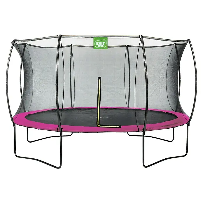 Exit Toys Trampolin Silhouette - Durchmesser: 366 cm, Rosa - Schwarzes Trampolin mit magentafarbenem Polster und Sicherheitsnetz, mit Reißverschluss und „EXIT TOYS“-Logo.