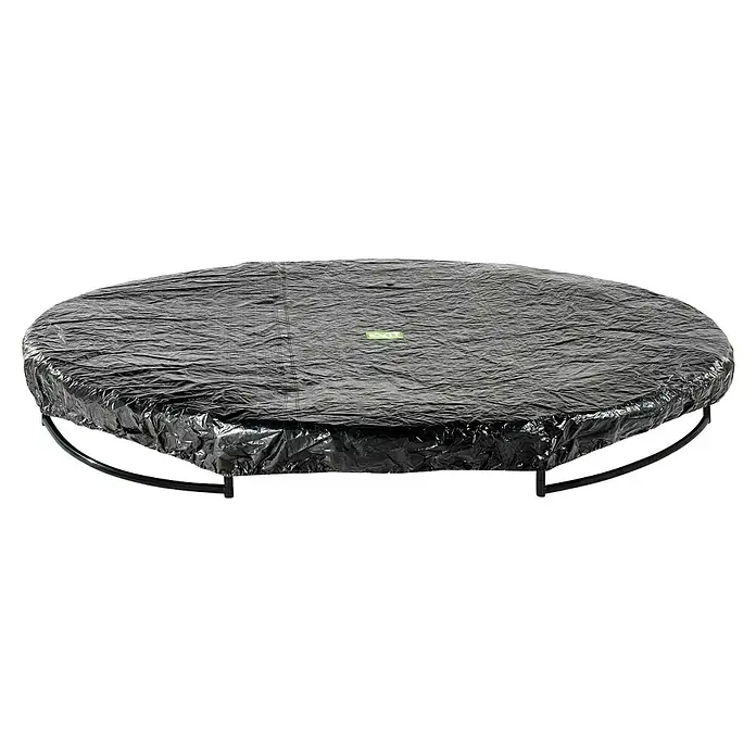 Exit Toys Trampolin-Abdeckplane - Durchmesser: 244 cm, Schwarz, Kunststoff - Runde Outdoor-Schutzabdeckung, zerknittert dunkelgrau, mit grünem EXIT-Logo und sichtbarem schwarzem Rahmen.