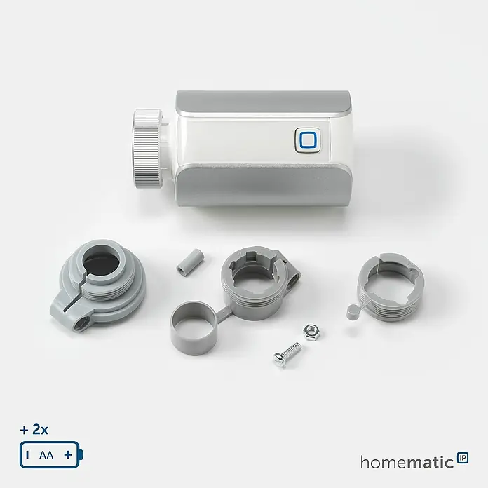 Homematic IP Heizkörper-Thermostat Evo HmIP-eTRV-E-S - Ventilanschluss: M30 x 1,5 mm, Batteriebetrieben, 94 x 53 x 55 mm, Silber - Weiß-grauer smarter Heizkörperthermostat mit Montageadaptern, Schraube und Mutter. Regelt die Heizung per blauem Knopf.
