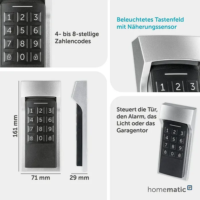 Homematic IP Tastenfeld Keypad HmIP-WKP - Batteriebetrieben - Homematic IP Tastenfeld, silber-schwarz, mit beleuchteten Zahlentasten und Näherungssensor. Für 4-8-stellige Codes steuert es Türen, Alarm, Licht oder Garagentore.
