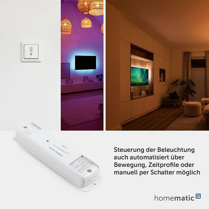 Homematic IP RGB-Controller HmIP-RGBW - 26 x 170 x 40 mm - Weißer Homematic IP HmIP-RGBW LED-Controller für smarte Lichtsteuerung, gezeigt mit Wandschalter und Raumbeleuchtungsbeispielen.
