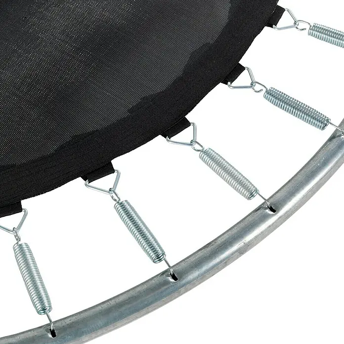Exit Toys Trampolin Silhouette - Durchmesser: 183 cm, Rosa - Detail einer schwarzen Trampolinmatte, verbunden mit silbernen Federn an einem Metallrahmen.