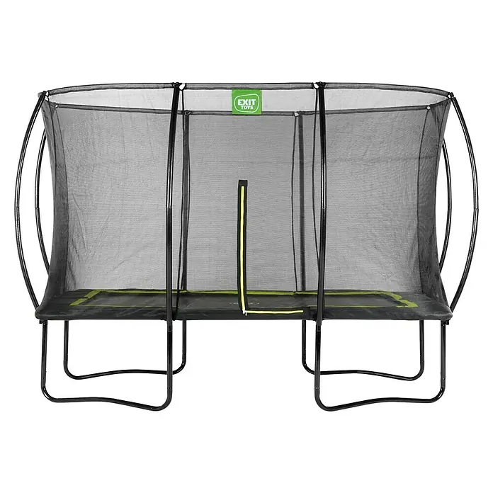 Exit Toys Trampolin Silhouette - L x B x H: 366 x 244 x 274 cm, Schwarz - Rechteckiges Trampolin mit schwarzem Rahmen, Netz-Sicherheitsgehäuse, grünen Akzenten und gelbem Reißverschluss.