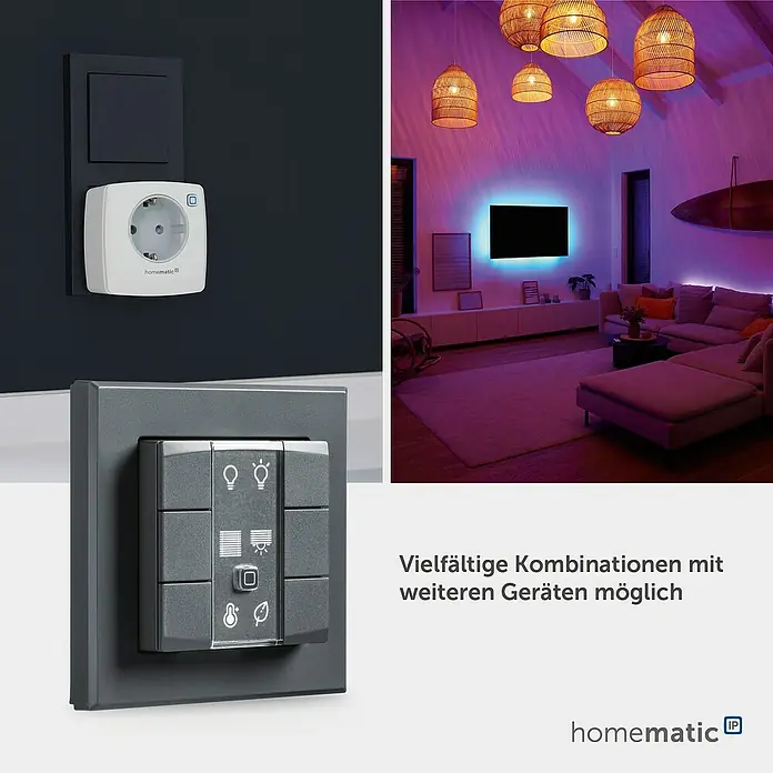 Homematic IP Funk-Wandtaster HmIP-WRC6-A - Batteriebetrieben, Anthrazit, 22 x 86 x 86 mm - Homematic IP Smart-Steckdose und grauer Mehrfach-Wandtaster, integriert in ein modernes Smart Home mit Beleuchtung.