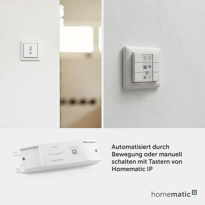 Homematic IP Aktor Universal Schaltaktor HmIP-WUA - Schaltspannung max.: 230 V - Weiße Homematic IP Smart-Home-Wandtaster, ein Bedienpanel und ein internes Modul für automatisierte oder manuelle Steuerung.