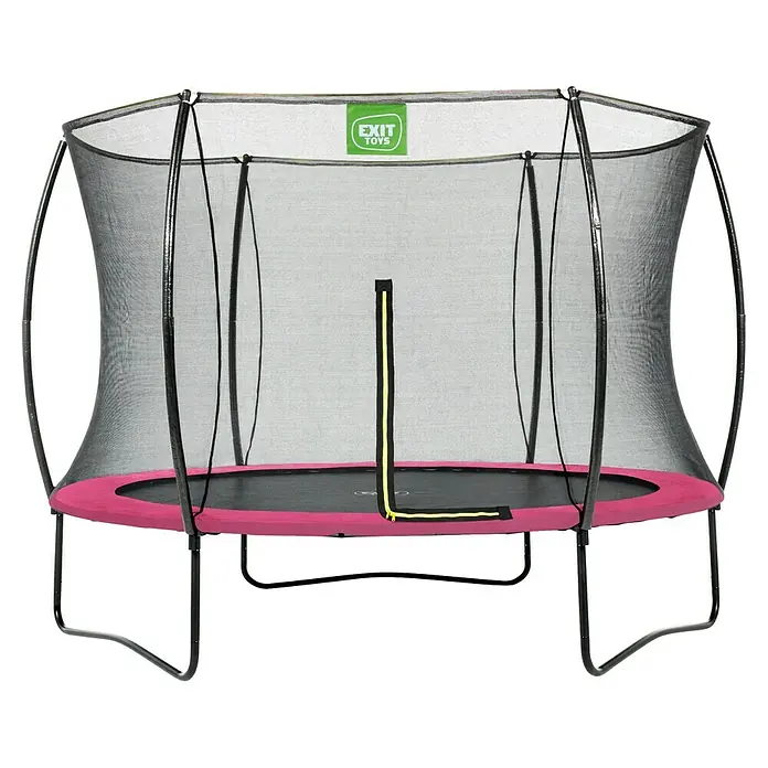 Exit Toys Trampolin Silhouette - Durchmesser: 244 cm, Rosa - Trampolin mit schwarzem Sprungtuch, pinkem Schutzrand und schwarzem Sicherheitsnetz mit gelbem Reißverschluss. Grünes 'EXIT TOYS' Logo.