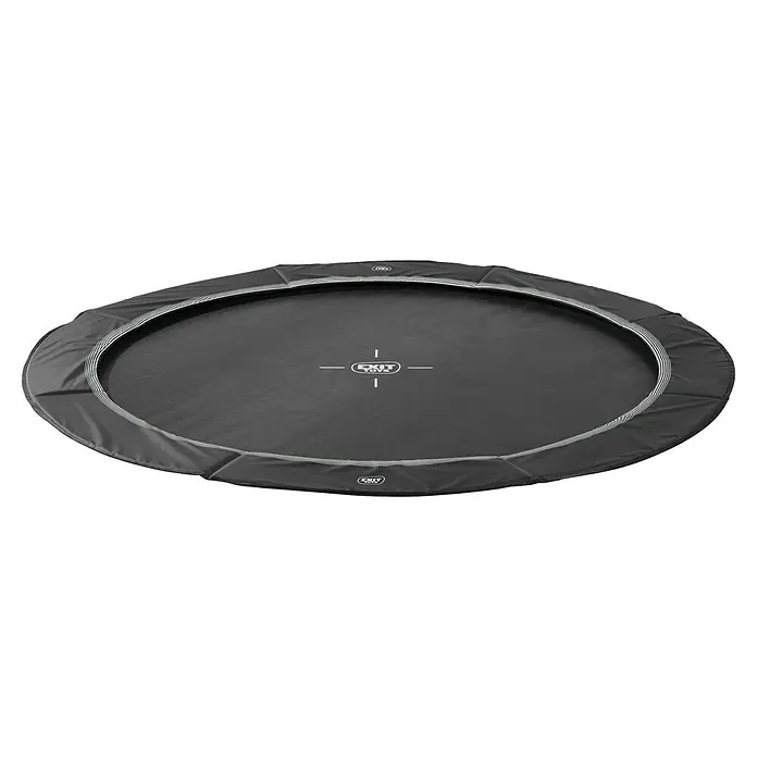 Exit Toys Trampolin Interra Sports - Durchmesser: 305 cm, Ebenerdig, Schwarz - Ovales dunkelgraues Trampolinsprungtuch mit gepolstertem Rand, weißen Streifen und EXIT TOYS Logo.