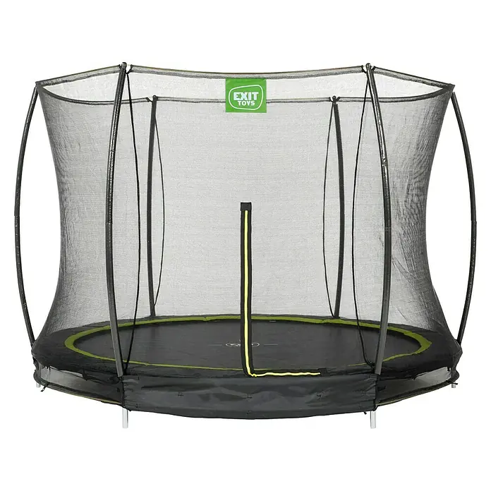 Exit Toys Trampolin Silhouette Bodentrampolin mit Sicherheitsnetz - Durchmesser: 244 cm, Schwarz - Schwarzes Trampolin mit grünen Akzenten und Sicherheitsnetz-Einfassung.