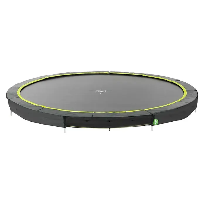 Exit Toys Trampolin Silhouette Sports - Durchmesser: 366 cm, Schwarz - Rundes Trampolin mit einer grauen Sprungmatte und neongelbem Rand auf der grauen Sicherheitsabdeckung. Es hat einen schwarzen Netzrock.