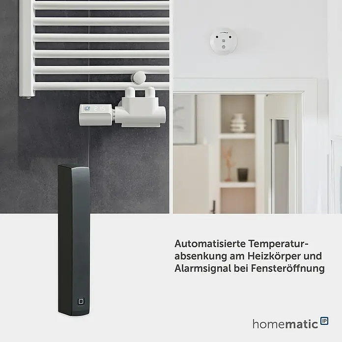 Homematic IP Fenster- & Türsensor HmIP-SWDO-A - Anthrazit, Batteriebetrieben, 102 x 15 x 20 mm - Smart-Home-System mit weißem Heizkörperthermostat (21,5°C), weißem Fenstersensor und schwarzer Steuereinheit.