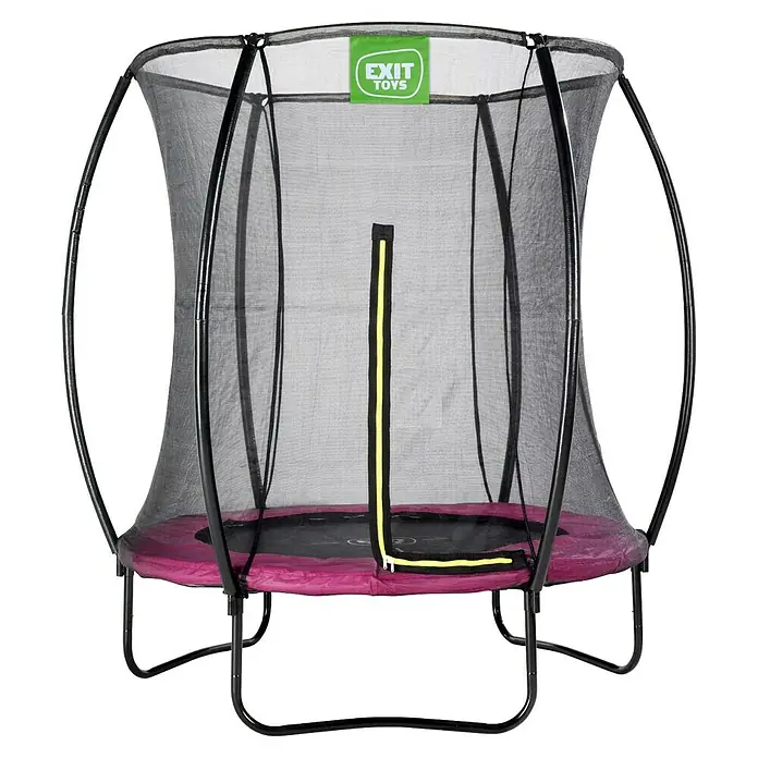 Exit Toys Trampolin Silhouette - Durchmesser: 183 cm, Rosa - Ein schwarzes Trampolin mit Sicherheitsnetz, lila Polsterung und gelbem Reißverschluss.