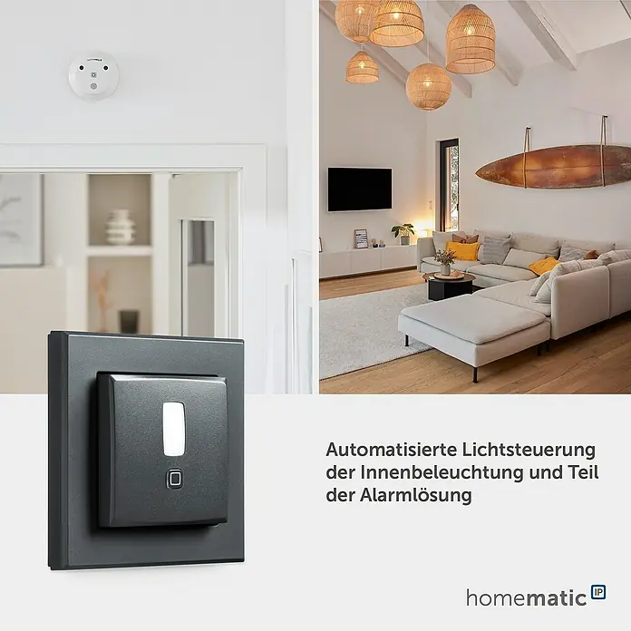 Homematic IP Bewegungsmelder HmIP-SMI55-A - Anthrazit, Batteriebetrieben, 150 m - Dunkelgrauer Smart-Schalter und weißer Rauchmelder für automatisierte Licht- und Alarmlösungen im modernen Zuhause.
