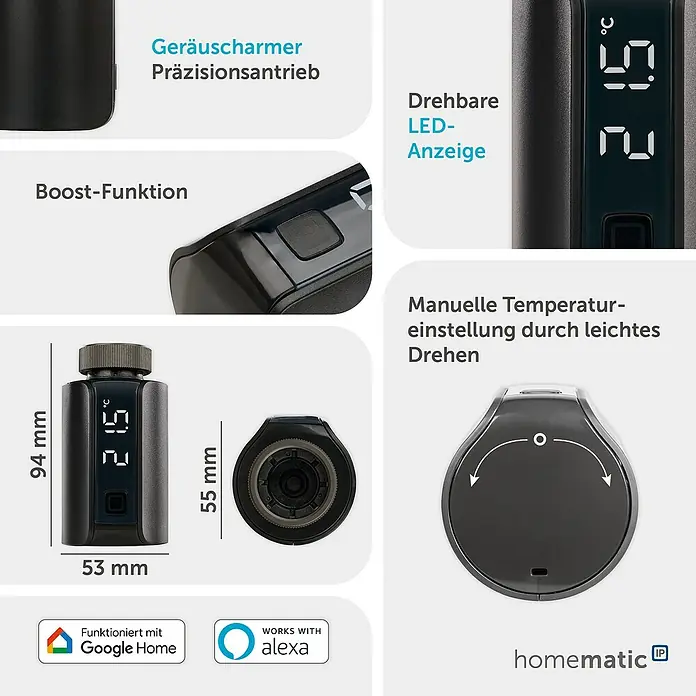 Homematic IP Heizkörper-Thermostat Evo HmIP-eTRV-E-A - Ventilanschluss: M30 x 1,5 mm, Batteriebetrieben, 94 x 53 x 55 mm, Anthrazit - Dunkelgrauer smarter Heizkörperthermostat mit digitaler Temperaturanzeige, manueller Dreheinstellung und Smart-Home-Kompatibilität.
