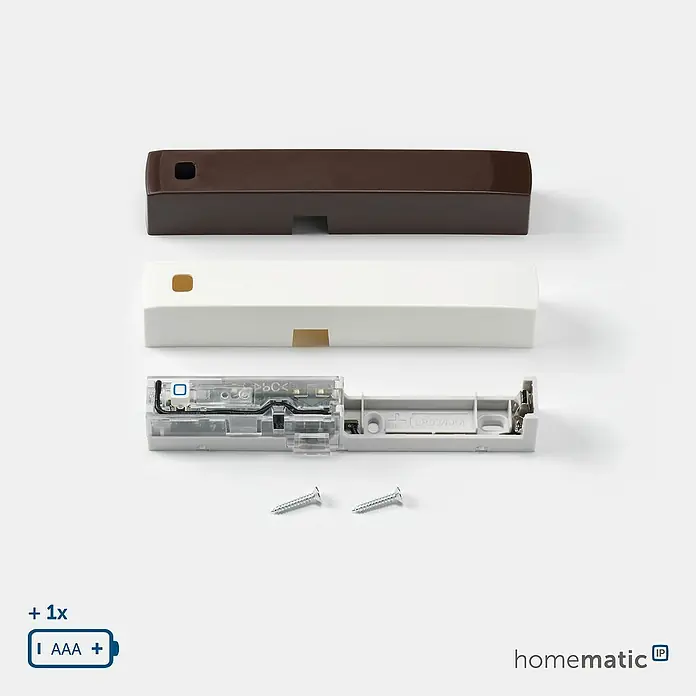 Homematic IP Fenster- & Türsensor HMIP-SWDO-2 - Weiß/Braun, Batteriebetrieben, 102 x 15 x 20 mm - Zerlegter Smart-Home-Sensor mit braunem und weißem Kunststoffgehäuse, Elektronik, zwei Schrauben und AAA-Batterie-Symbol.