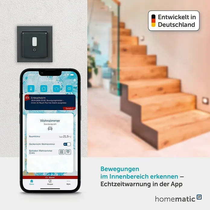 Homematic IP Bewegungsmelder HmIP-SMI55-A - Anthrazit, Batteriebetrieben, 150 m - Smartphone mit Smart-Home-App zeigt Bewegungsmelder-Alarm. Daneben ein dunkelgrauer Smart-Wandschalter.