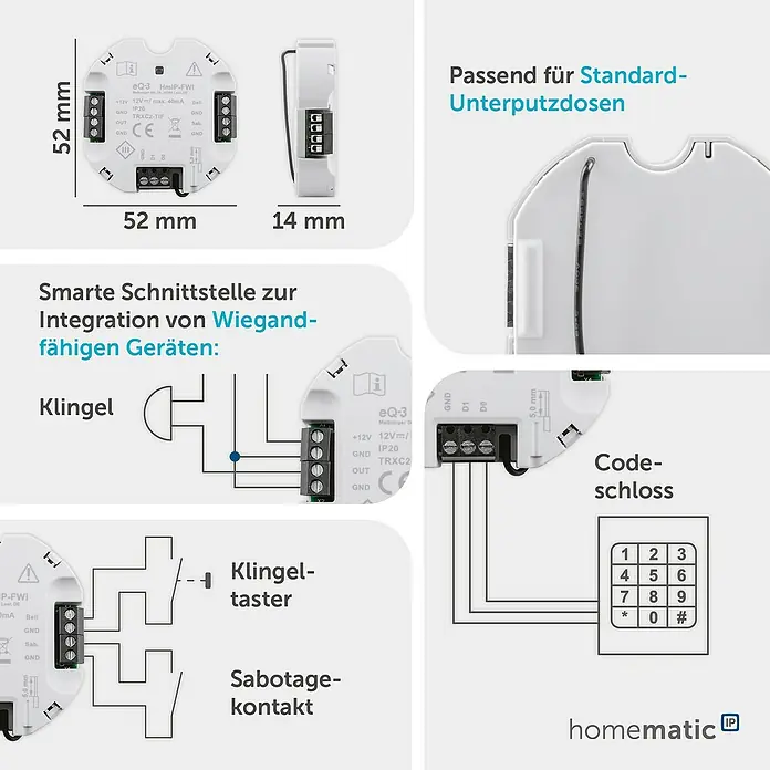Homematic IP Funk-Schaltermodul Wiegand-Schnittstelle HmIP-FWI - Passend für: Wiegand-fähige Endgeräte - Weißes, rundes Smart-Home-Interface (52x52x14mm) für Unterputzdosen, zur Integration von Wiegand-Geräten wie Klingeln und Codeschlössern.