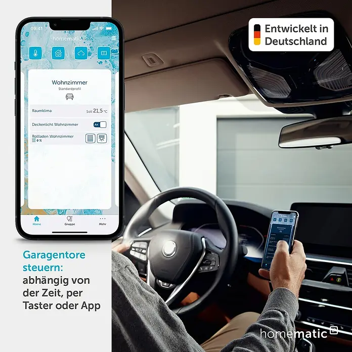 Homematic IP Smartphone-Garagentoröffner HmIP-WGC - 30,5 x 85 x 85 mm - Person im Auto steuert Smart Home-Geräte per Homematic App am Smartphone. Überwacht Klima, Licht, Rollläden. Entwickelt in Deutschland.