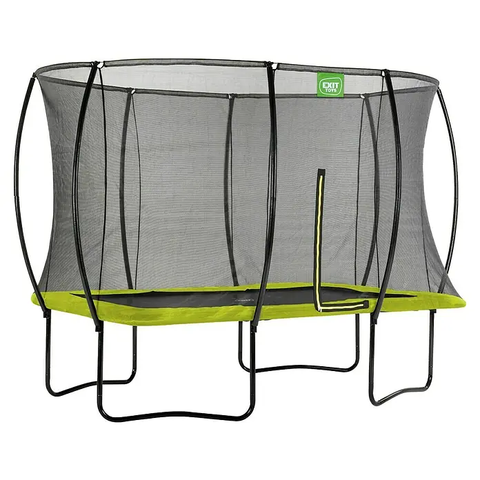 Exit Toys Trampolin Silhouette - L x B x H: 366 x 244 x 274 cm, Grün - Rechteckiges Trampolin mit schwarzem Sicherheitsnetz, leuchtend grüner Polsterung und stabilem schwarzem Rahmen, mit gelbem Reißverschluss.