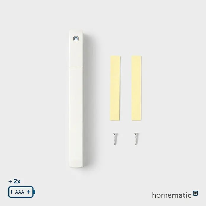 Homematic IP Fenster- & Türsensor HmIP-SWDO-PL-2 - Weiß, Batteriebetrieben, 16 x 147 x 20 mm - Weißer Smart-Home-Sensor mit blauem Logo, zwei gelben Klebestreifen und zwei silbernen Schrauben; benötigt 2x AAA Batterien.