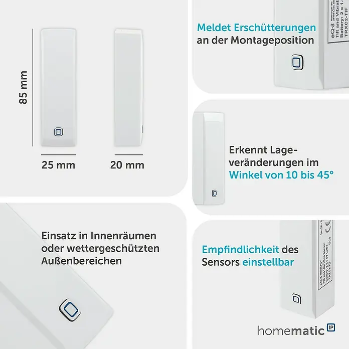 Homematic IP Erschütterungssensor & Neigungssensor HmIP-STV - Batteriebetrieben, 20 x 25 x 85 mm - Weißer, rechteckiger Neigungs- und Vibrationssensor (85x25x20 mm) für Innen-/geschützten Außenbereich, Empfindlichkeit einstellbar.