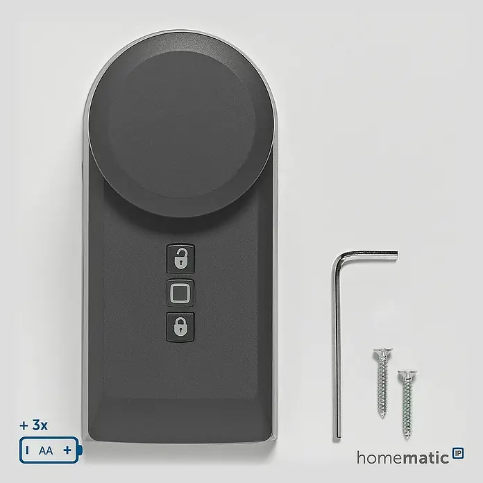 Homematic IP Funk-Türschlossantrieb HmIP-DLD-A - Anthrazit, Batteriebetrieben, 36 x 56 x 118 mm - Dunkelgraues Smart-Türschloss mit drei Tasten, Inbusschlüssel, zwei Schrauben und 3x AA Batterieanforderung.