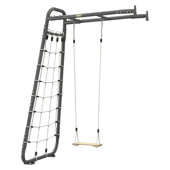 Exit Toys Schaukel GetSet Monkeybar MB110 - 173 x 115 x 248 cm, Stahl, Grau - Graues Metall-Spielgerät mit weißem Kletternetz und Holzschaukel für den Außenbereich.
