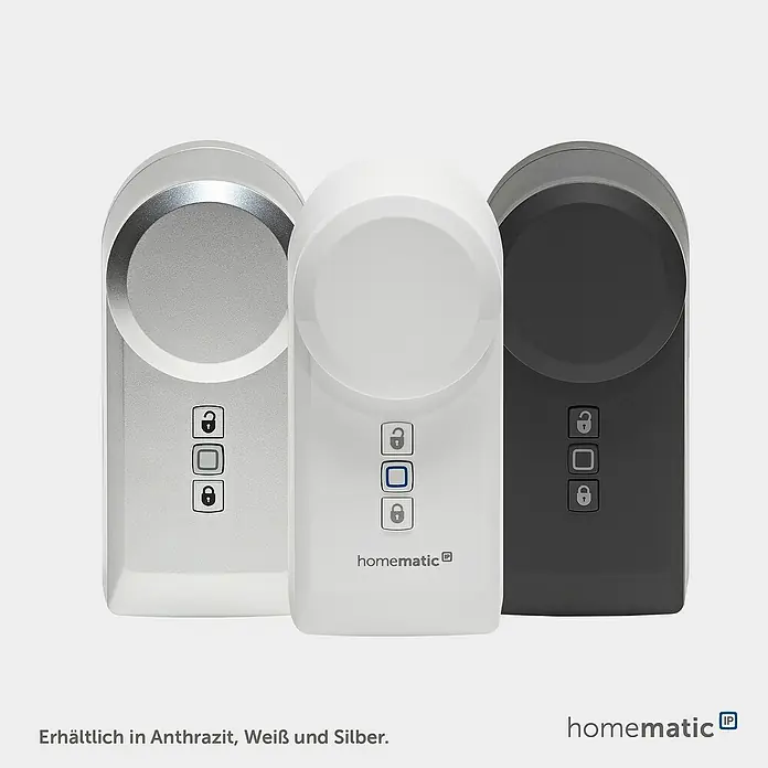 Homematic IP Funk-Türschlossantrieb HmIP-DLD-S - Silber, Batteriebetrieben, 36 x 56 x 118 mm - Drei Homematic IP Smart-Türschlossantriebe in Silber, Weiß und Anthrazit, jeweils mit Entriegelungs-, Quadrat- und Verriegelungsknöpfen.